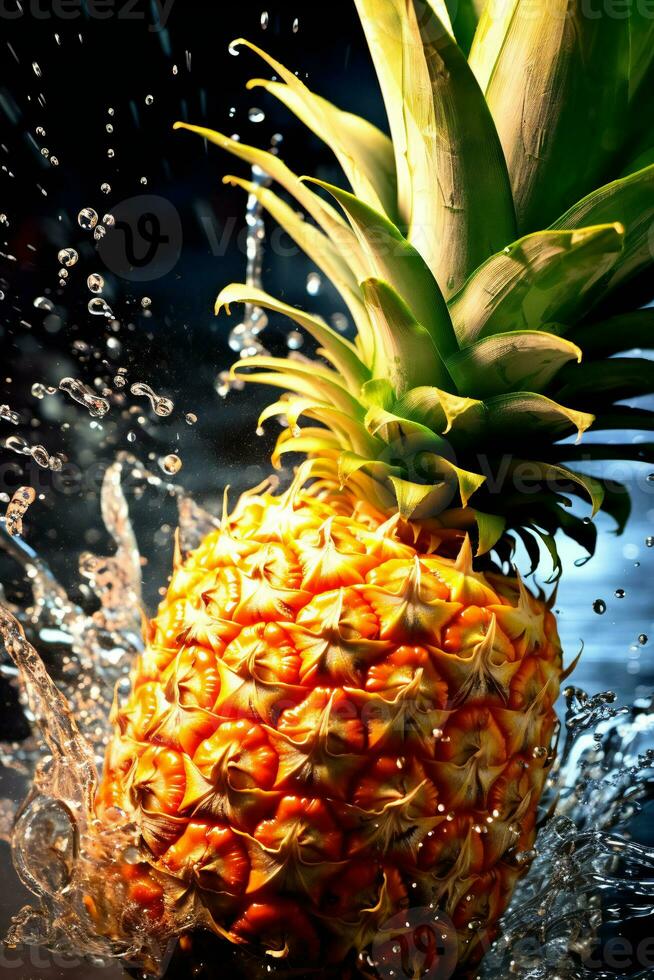 Pineapple with water splash on black background. Tropical fruit. AI Generative photo