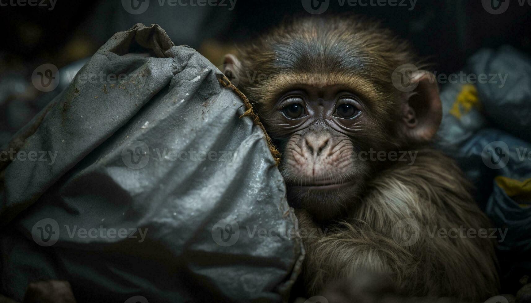 A monkey sleeps among the piles of plastic waste and the rain. concept of saving the world. Generative AI. photo