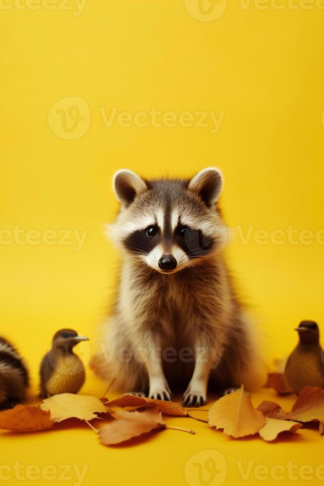 Cute raccoon with duckling on yellow background. photo