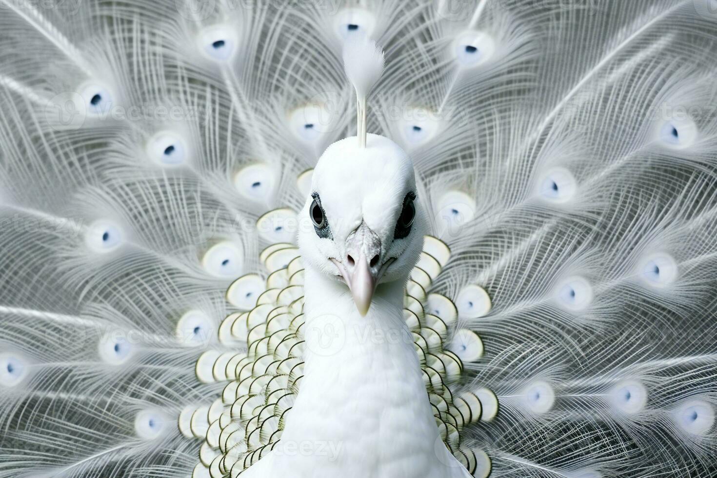 Beautiful white peacock with feathers out. AI Generative photo