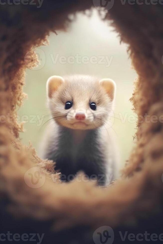 Cute ferret looking out of the hole in the wall. photo