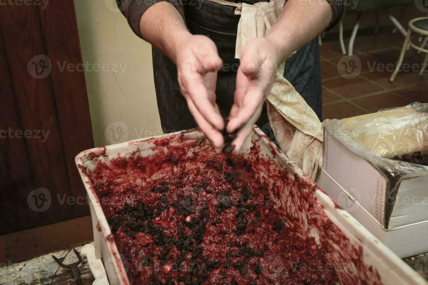 Handmade blood sausage preparation, Argentine tradition, Pampas, Patagonia photo