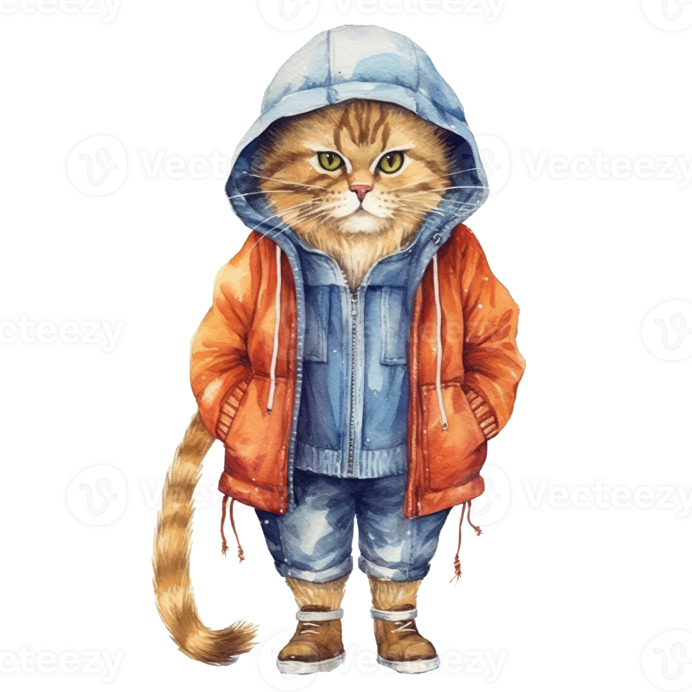 watercolour cat dressed in clothes . png