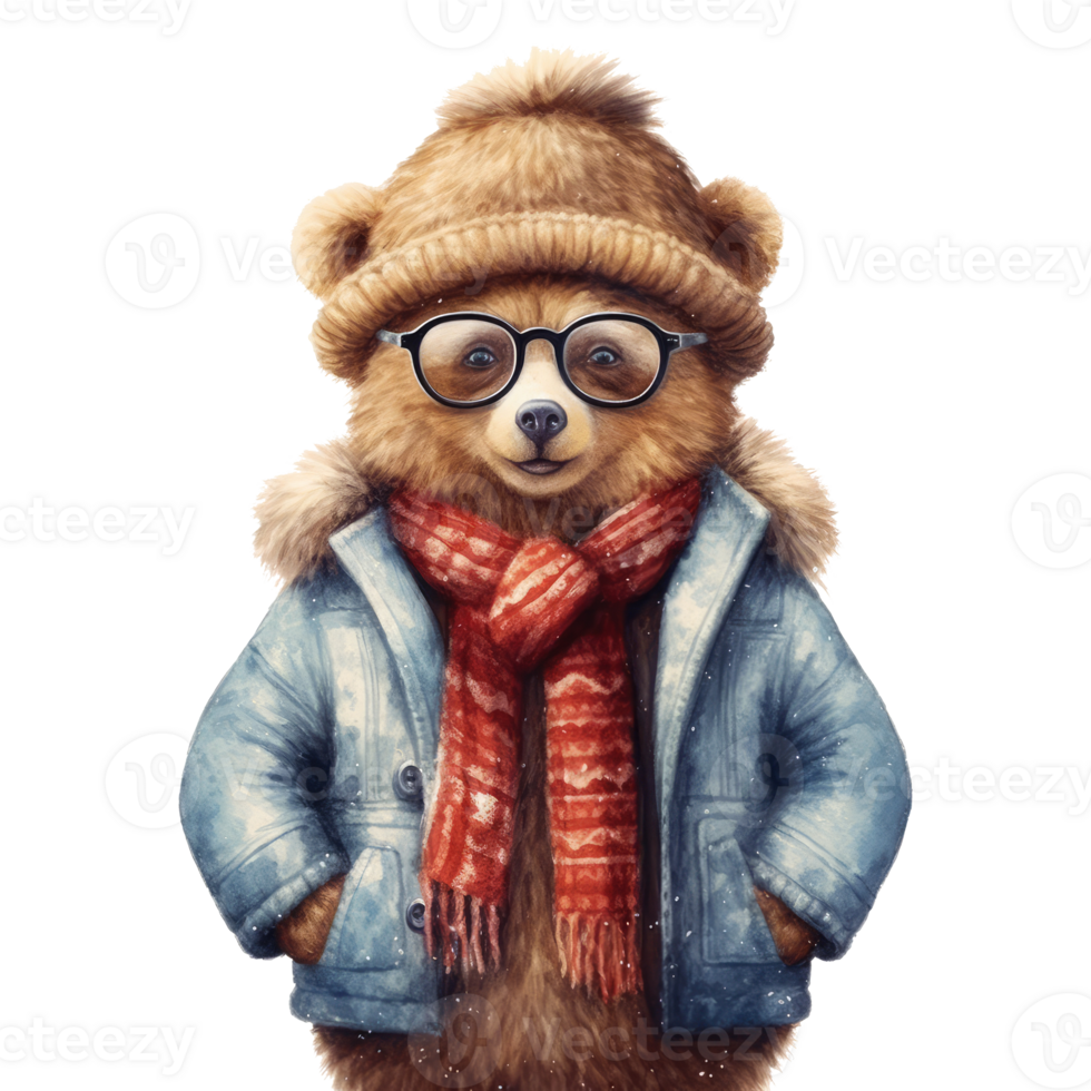 watercolour bear dressed in clothes . png
