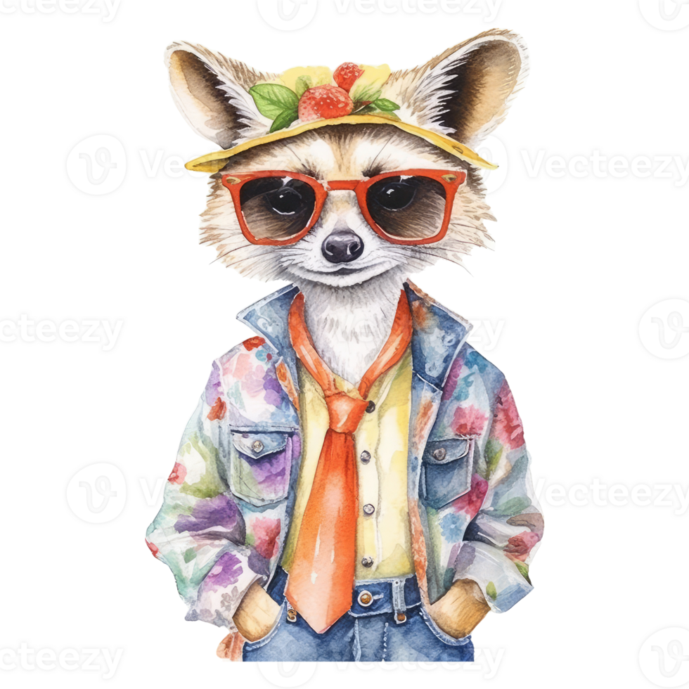 aquarelle raton laveur habillé dans vêtements . ai généré png