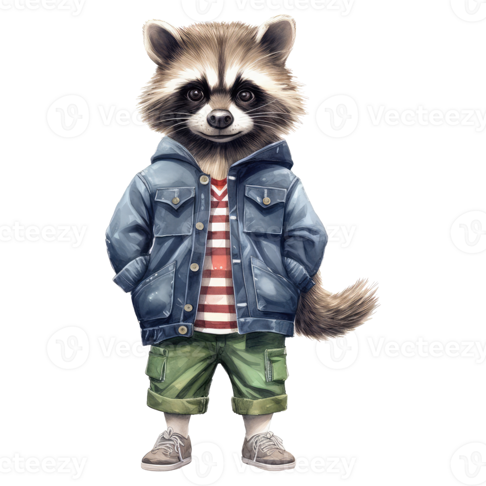 vattenfärg racoon klädd i kläder . ai genererad png