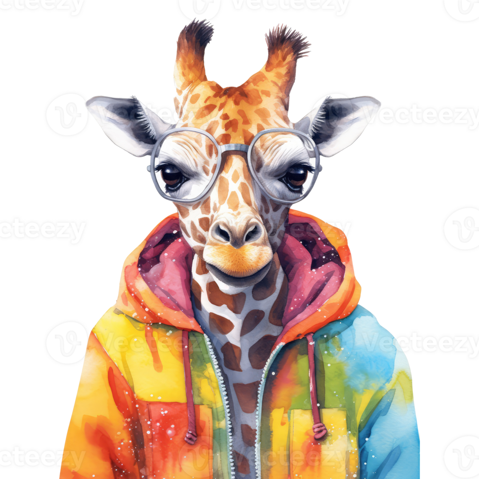 waterverf giraffe gekleed in kleren . ai gegenereerd png