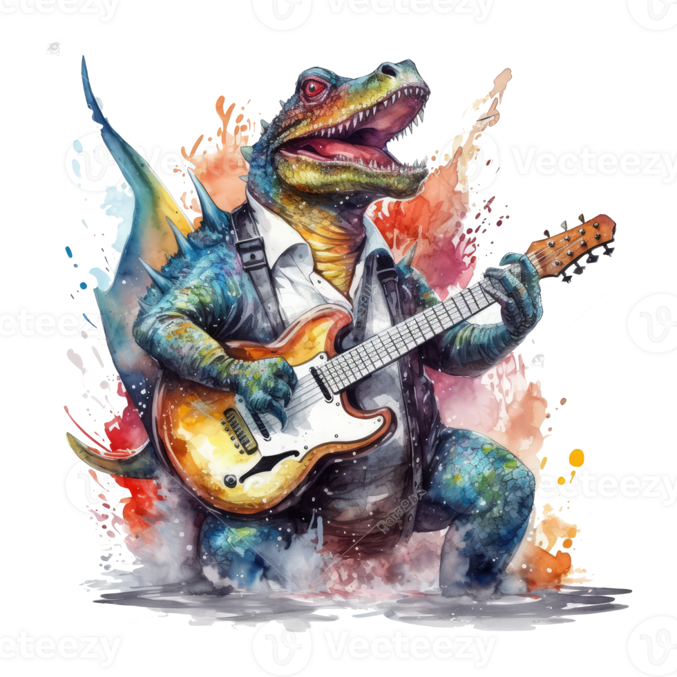 acuarela dinosaurio jugando guitarra . ai generado png