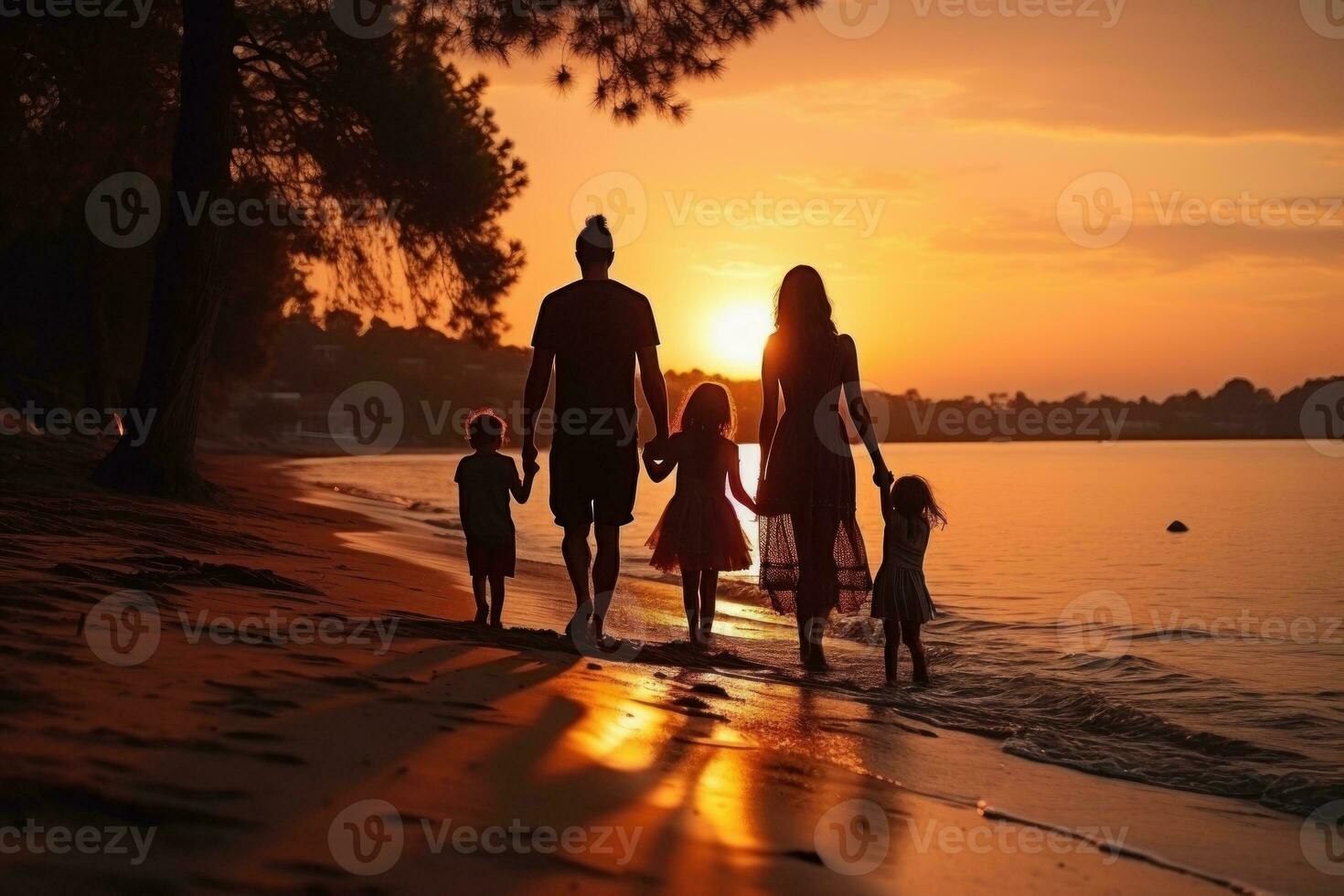 contento familia caminando a el playa a puesta de sol foto