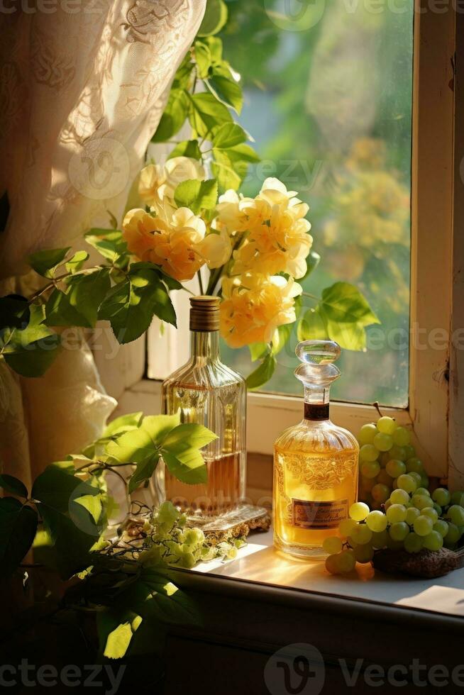 Glass perfume bottle with flowers photo