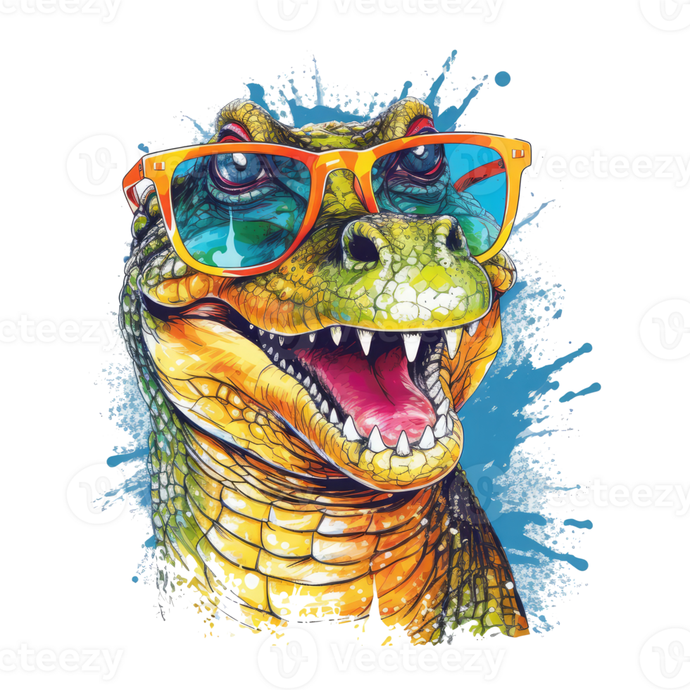 watercolor crocodile wearing sunglasses . AI Generated 26432471 PNG