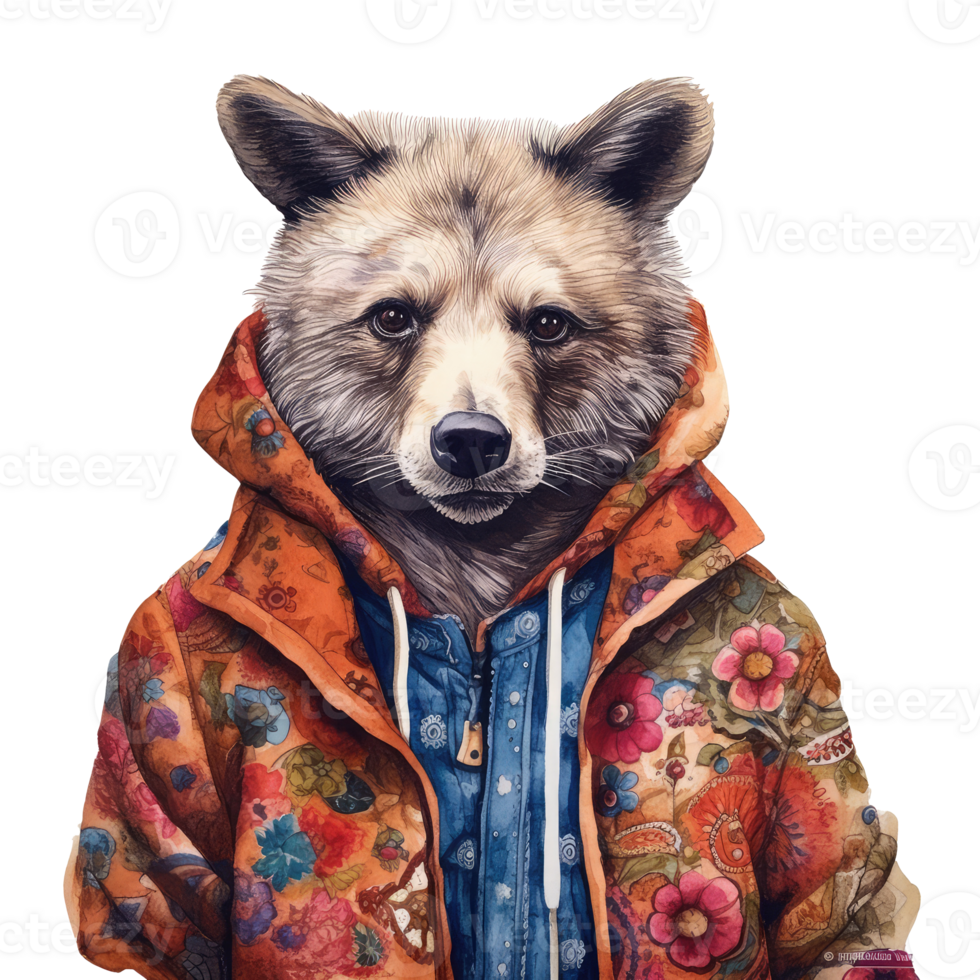 watercolour bear dressed in clothes . png