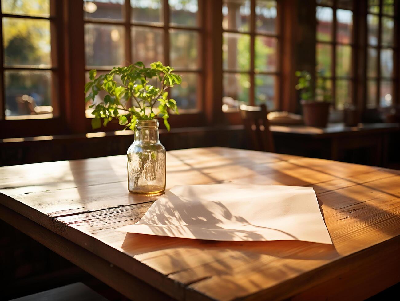 paper on the wooden table, real photography with smooth lighting and sun light AI generate photo