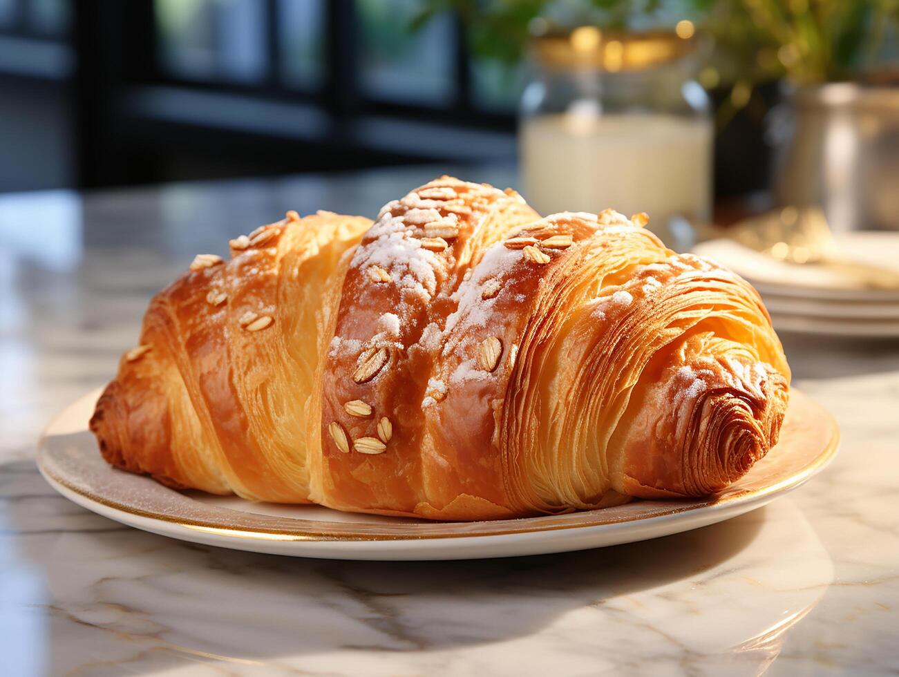 photography of french croissant on the white marble table photo