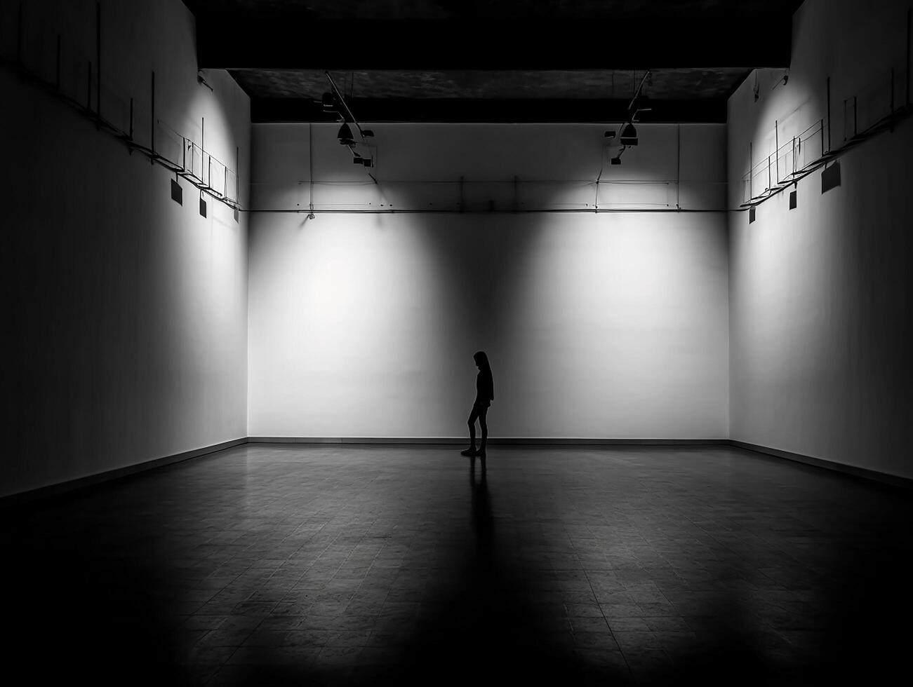 black and white picture of a silhouette in the empty room photo