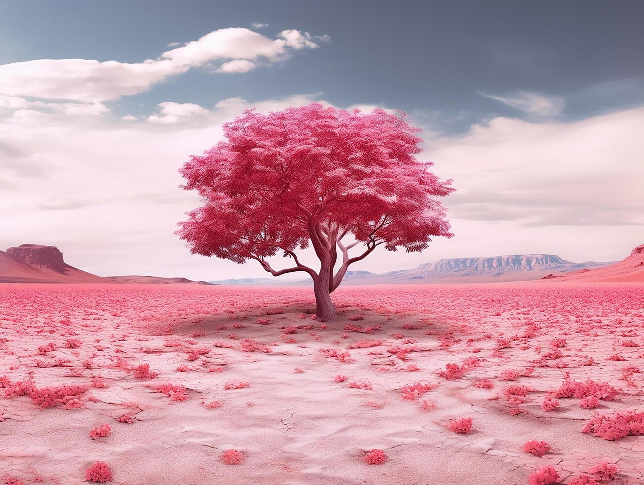 panoramic picture of a baby pink leafed tree in the middle of red utopia desert photo
