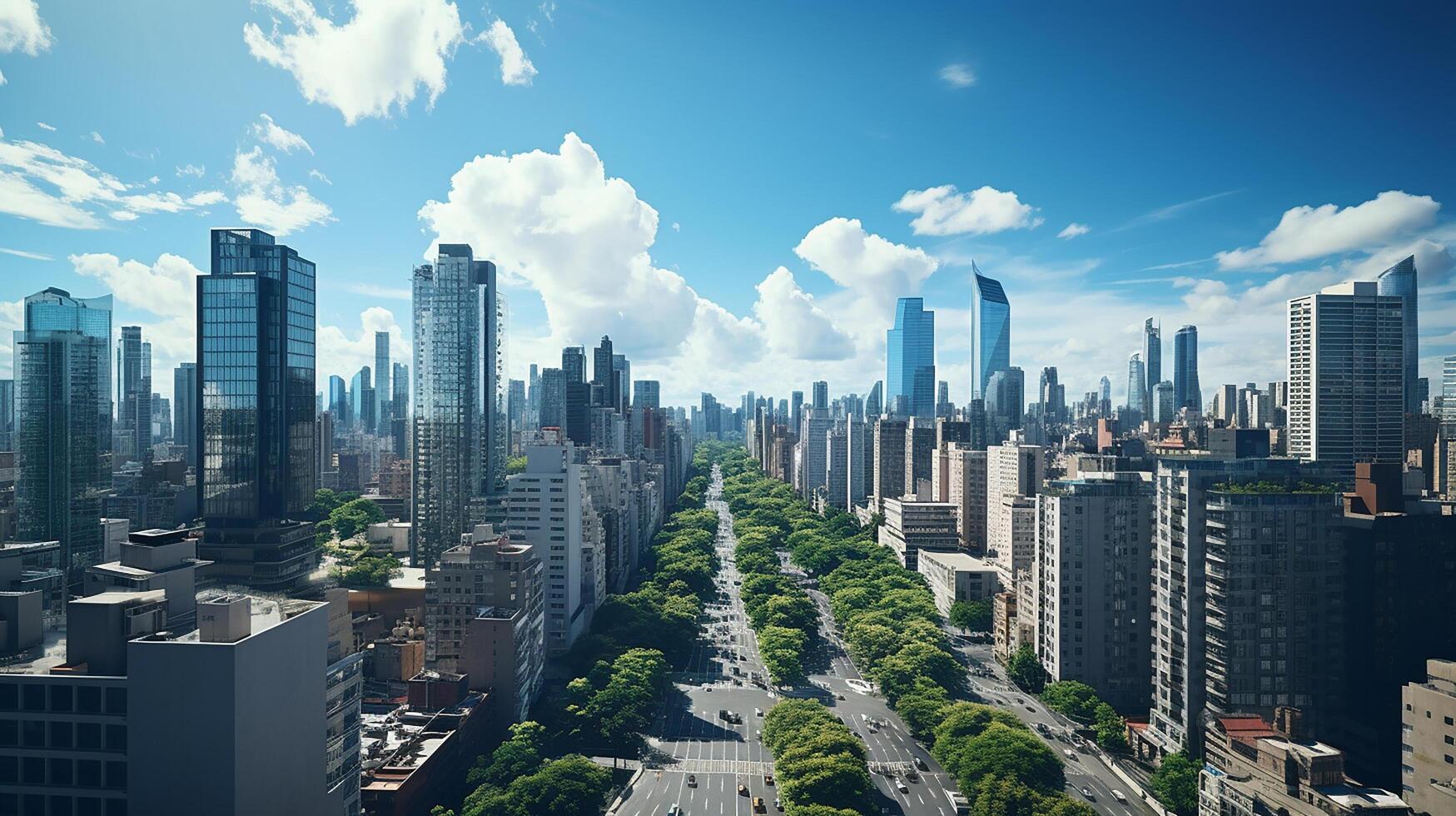 ciudad panorama con rascacielos edificios, luz hecho por ai generado foto