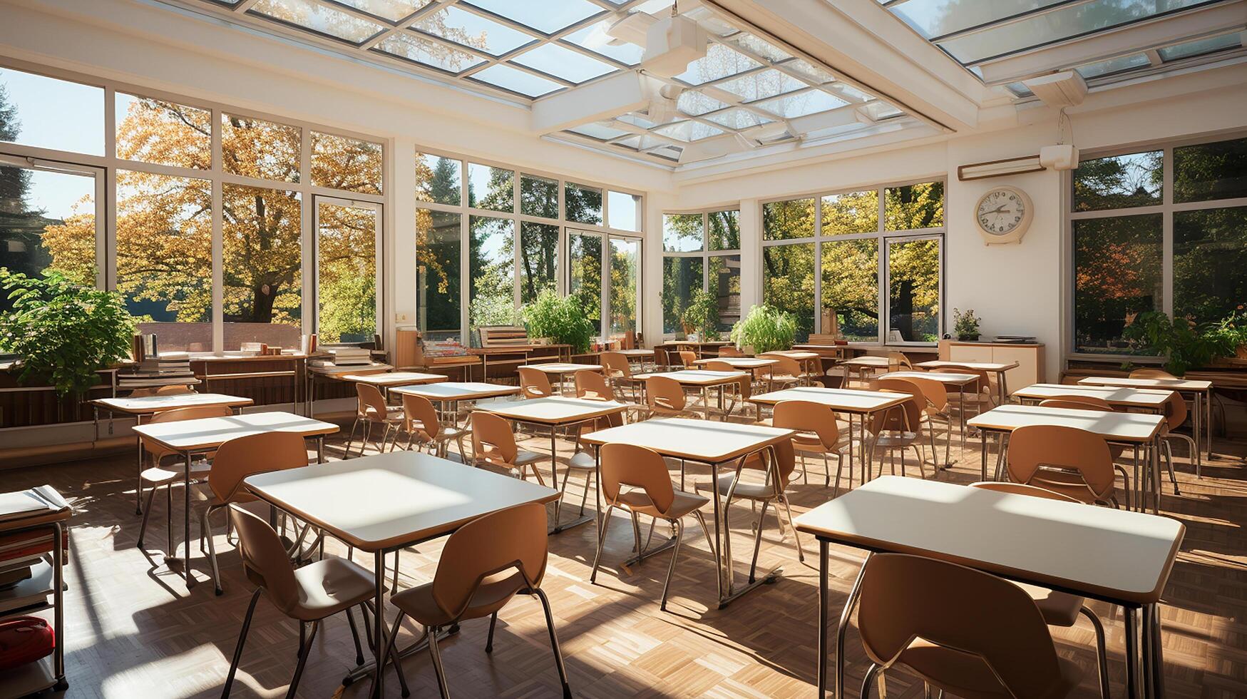 school class in daylight. Clean interior with whiteboard, drawer, chairs and tables AI generative photo