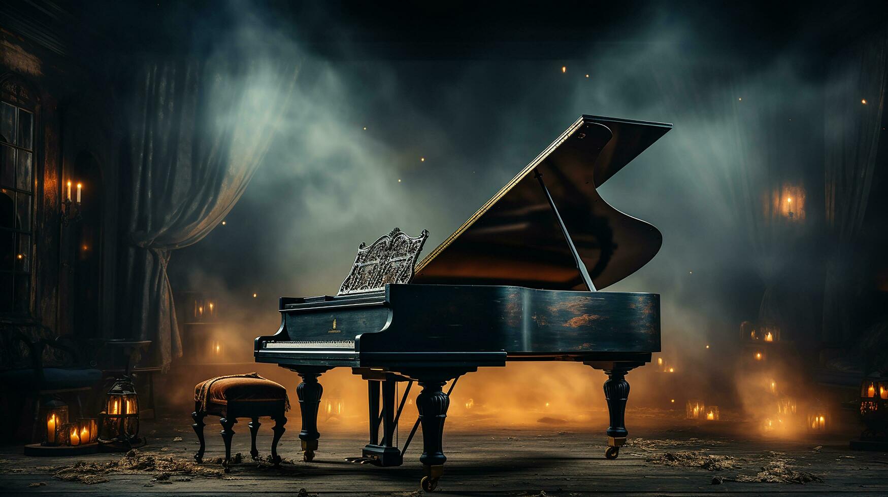 an old grand piano in the middle of dark blank room with god rays light it up AI generate photo