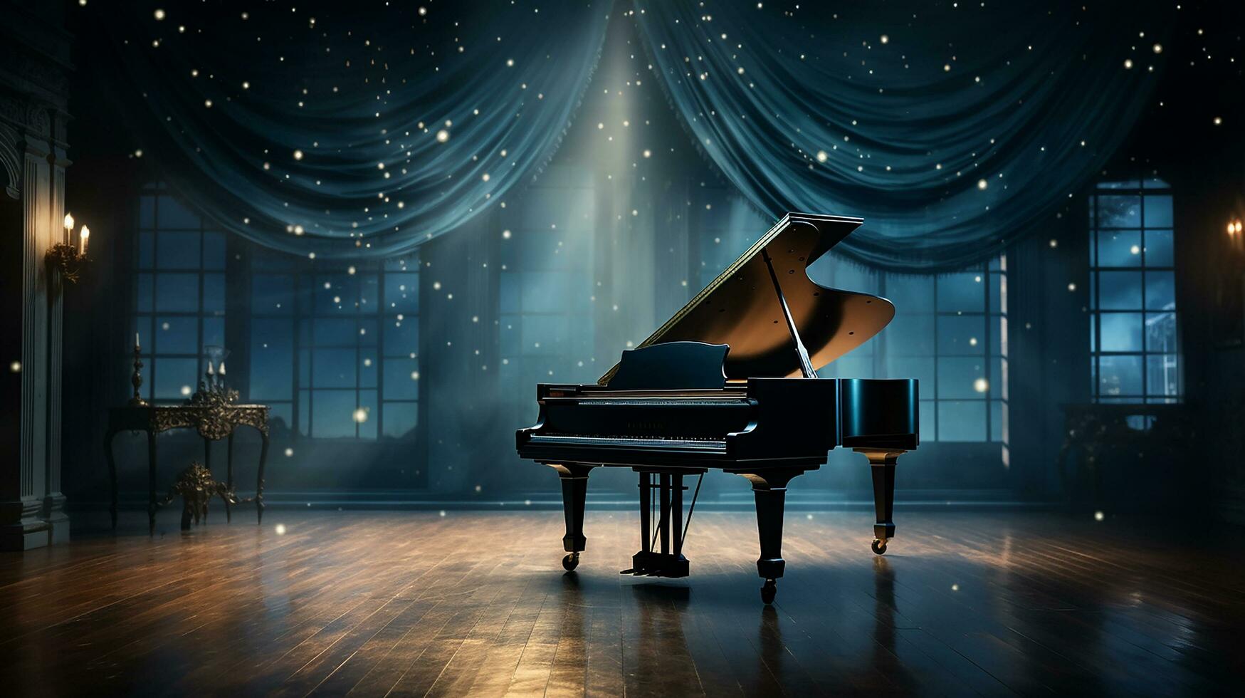 an old grand piano in the middle of dark blank room with god rays light it up AI generate photo