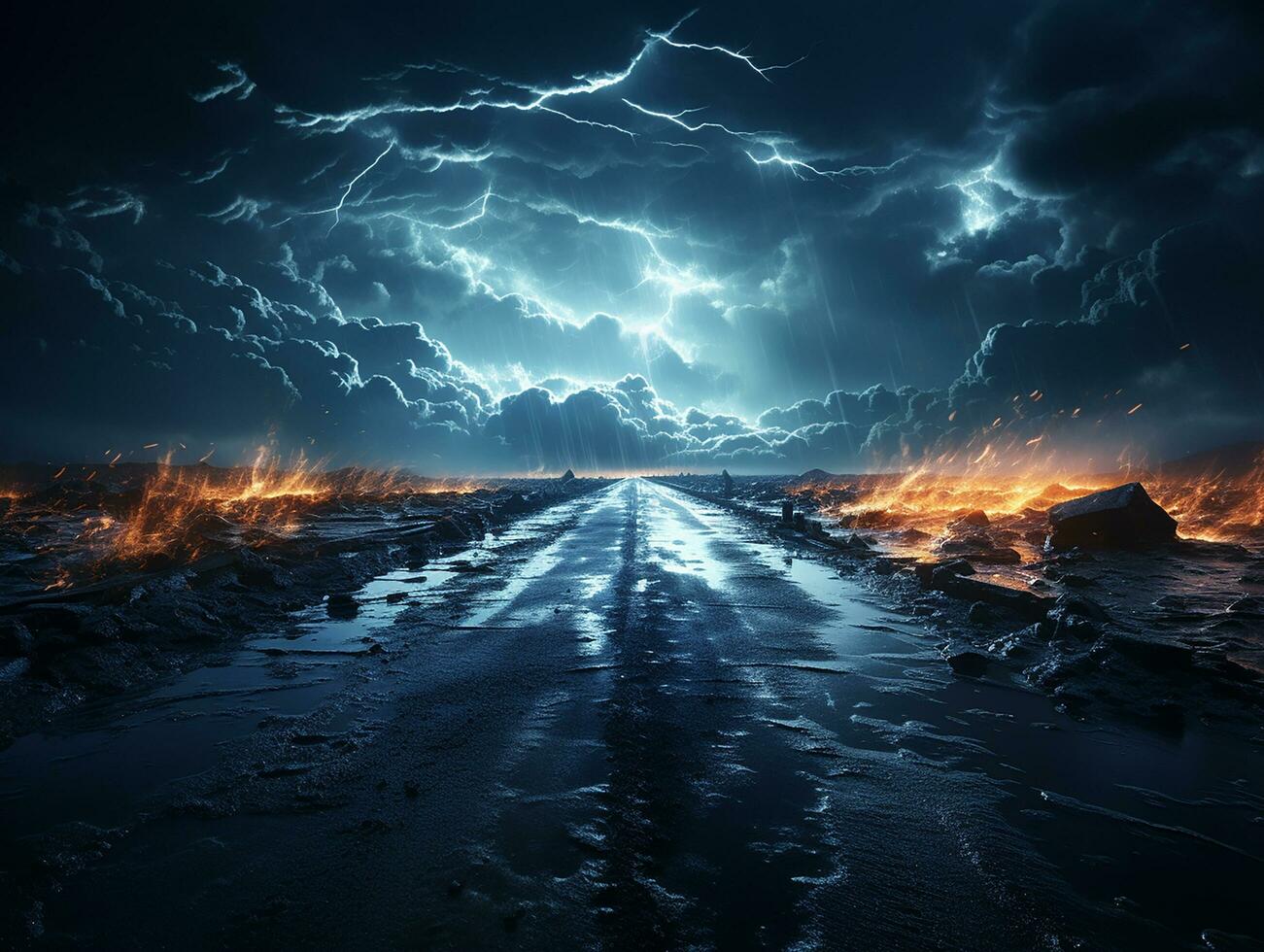 autopista la carretera en el noche con pesado lluvia y relámpago ai generativo foto