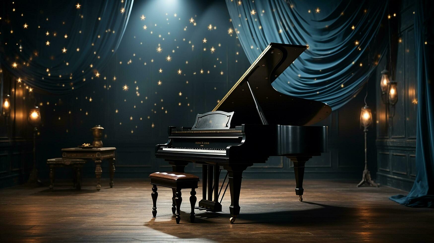 an old grand piano in the middle of dark blank room with god rays light it up AI generate photo