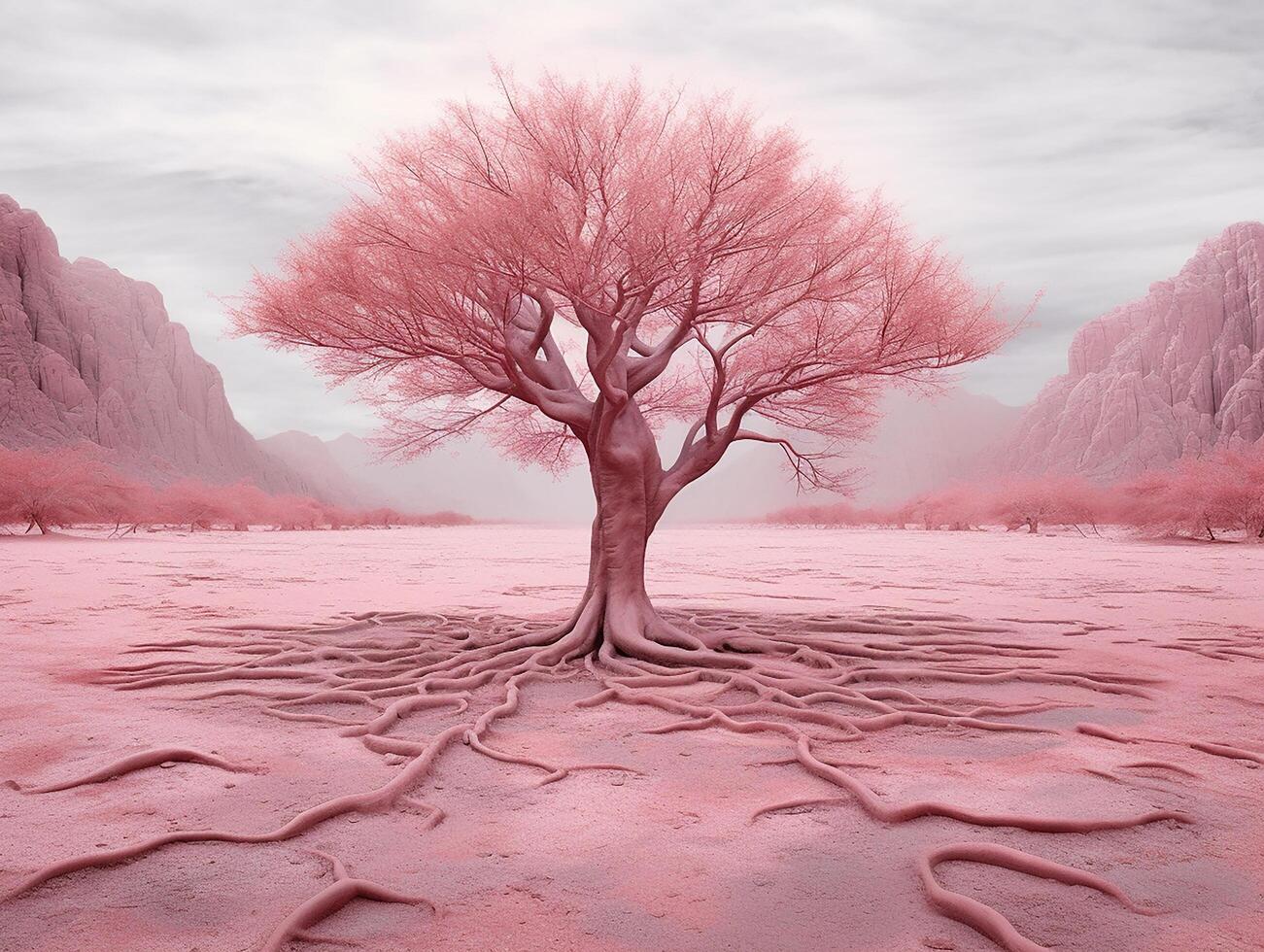 panoramic picture of a baby pink leafed tree in the middle of red utopia desert photo
