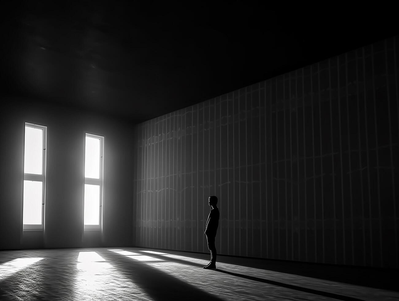 black and white picture of a silhouette in the empty room photo