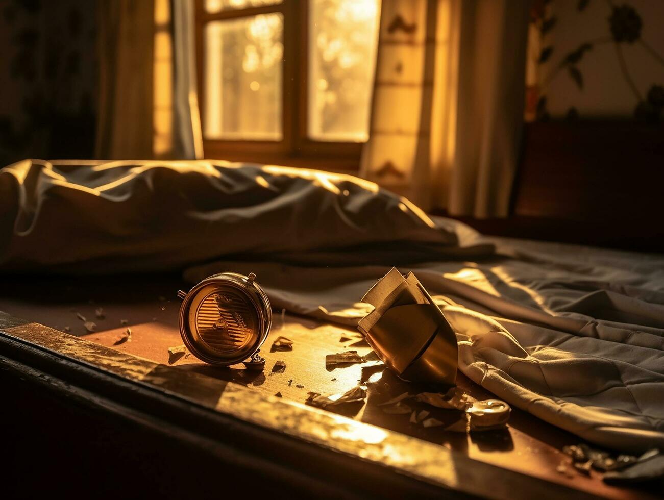 broken alarm beside the bedroom, with sun light in the morning AI generative photo