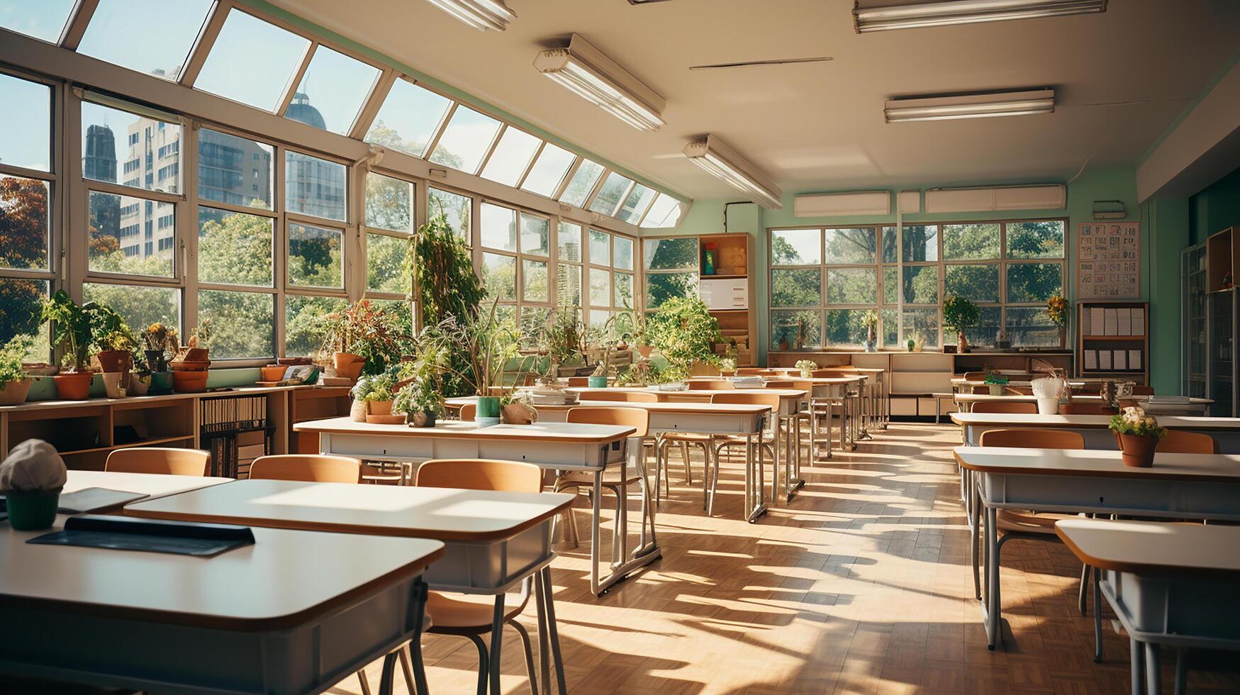 school class in daylight. Clean interior with whiteboard, drawer, chairs and tables AI generative photo