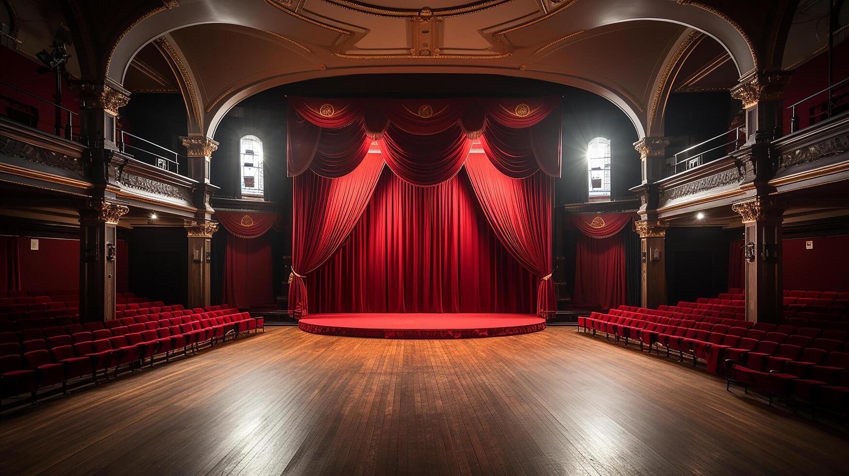 theater stage, with red curtain, wooden floor, chairs and lighting photo