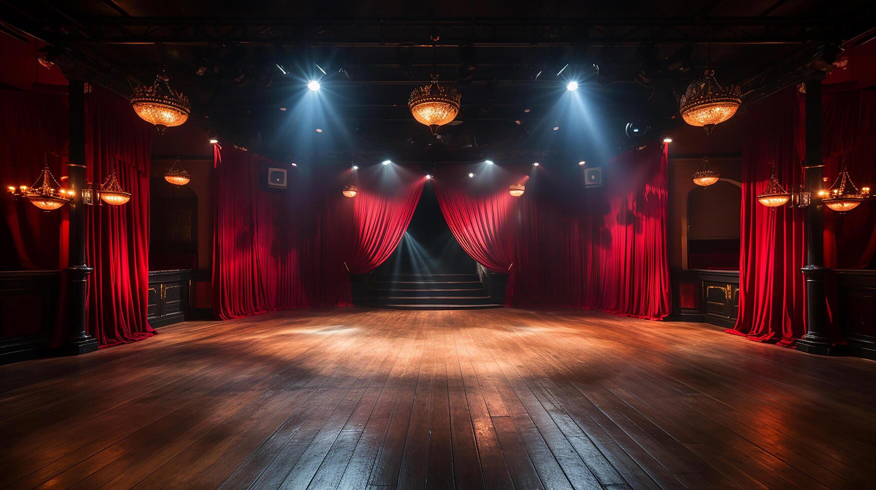 theater stage, with red curtain, wooden floor, chairs and lighting photo