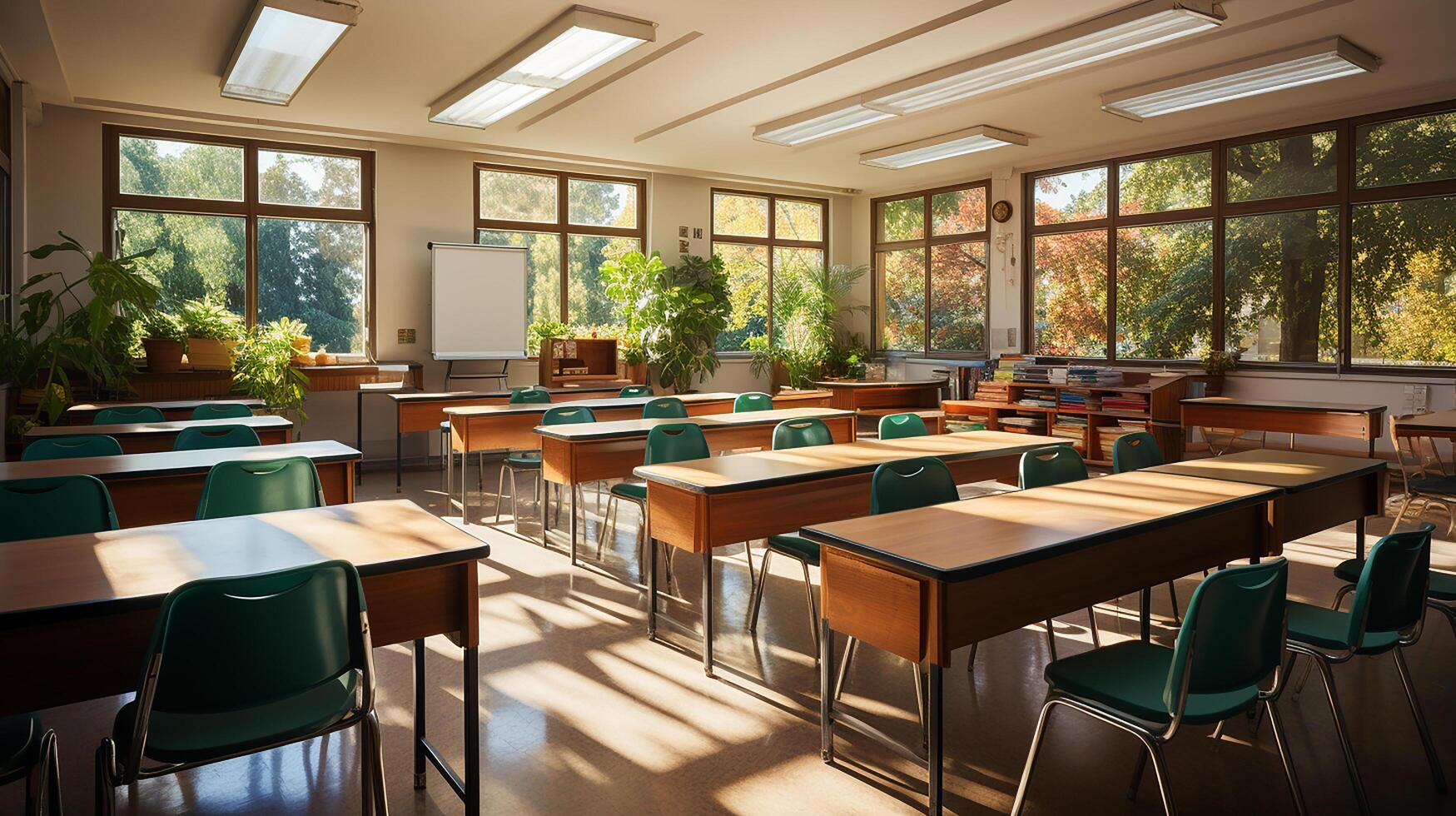 school class in daylight. Clean interior with whiteboard, drawer, chairs and tables AI generative photo