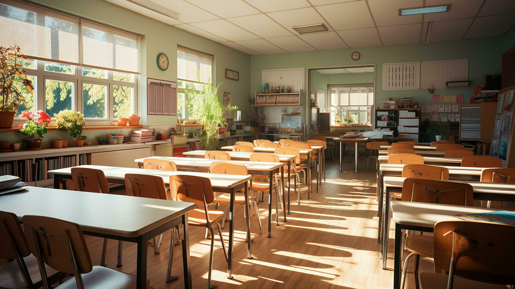 colegio clase en luz. limpiar interior con pizarron, cajón, sillas y mesas ai generativo foto