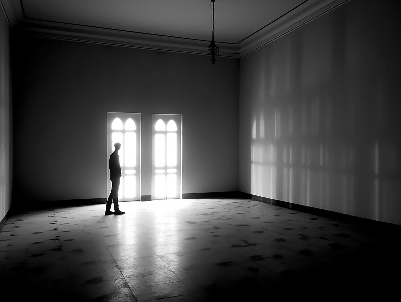 black and white picture of a silhouette in the empty room photo