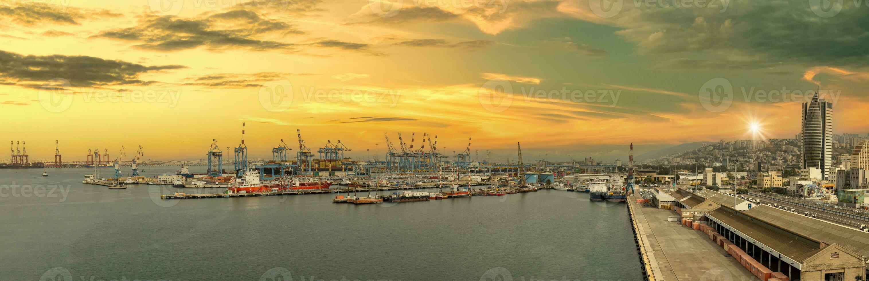 Israel, panoramic view of Haifa industrial port and terminal near downtown and financial center photo
