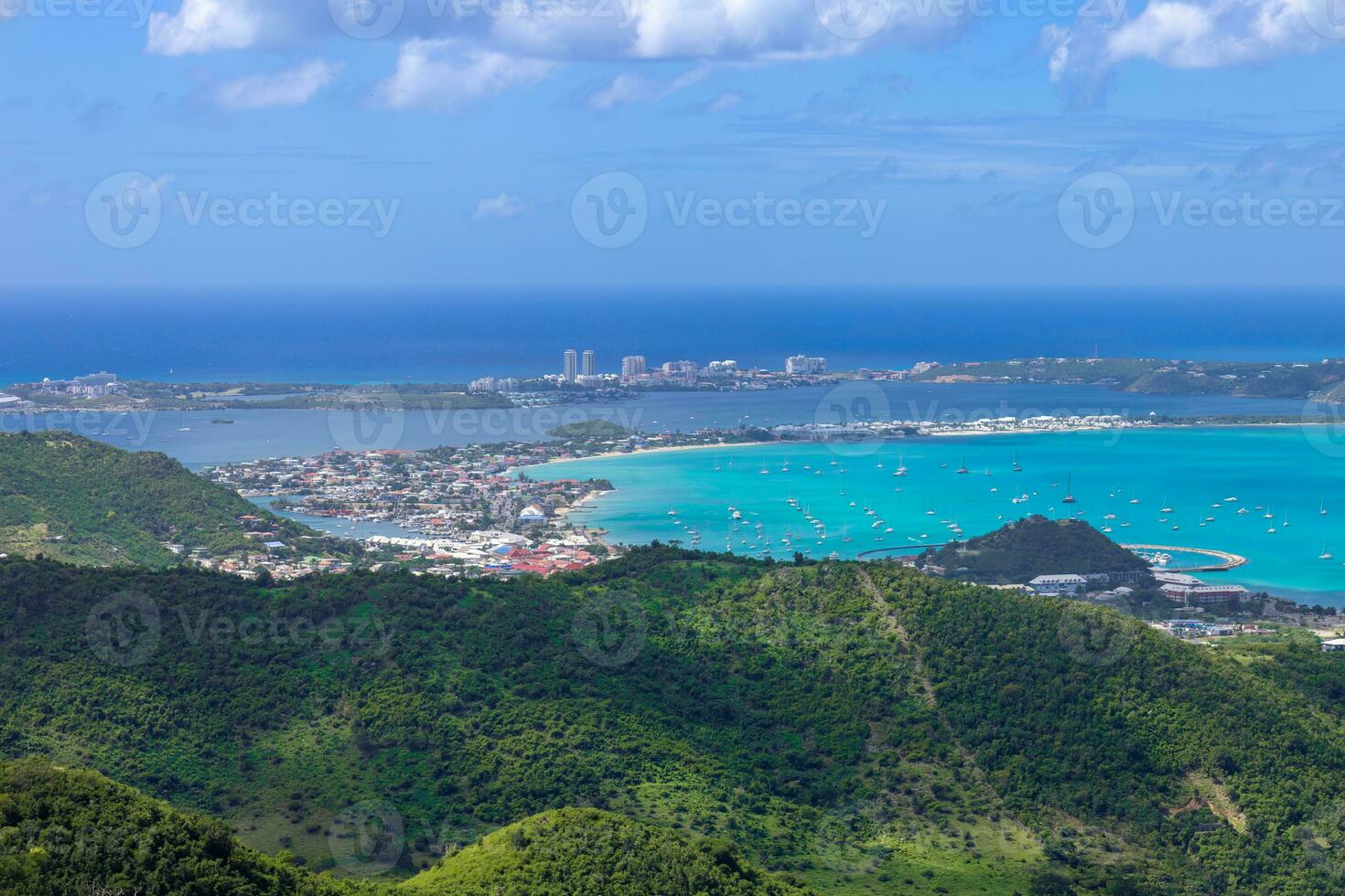 Caribbean cruise vacation, panoramic skyline of Saint Martin island from Pic Paradis lookout photo