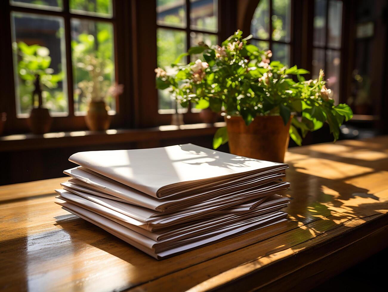 paper on the wooden table, real photography with smooth lighting and sun light AI generate photo