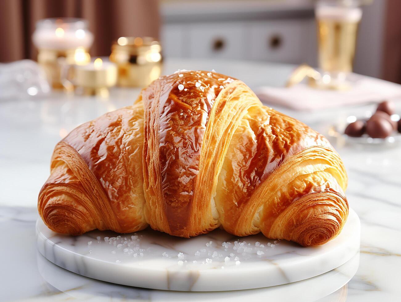 photography of french croissant on the white marble table AI generated photo