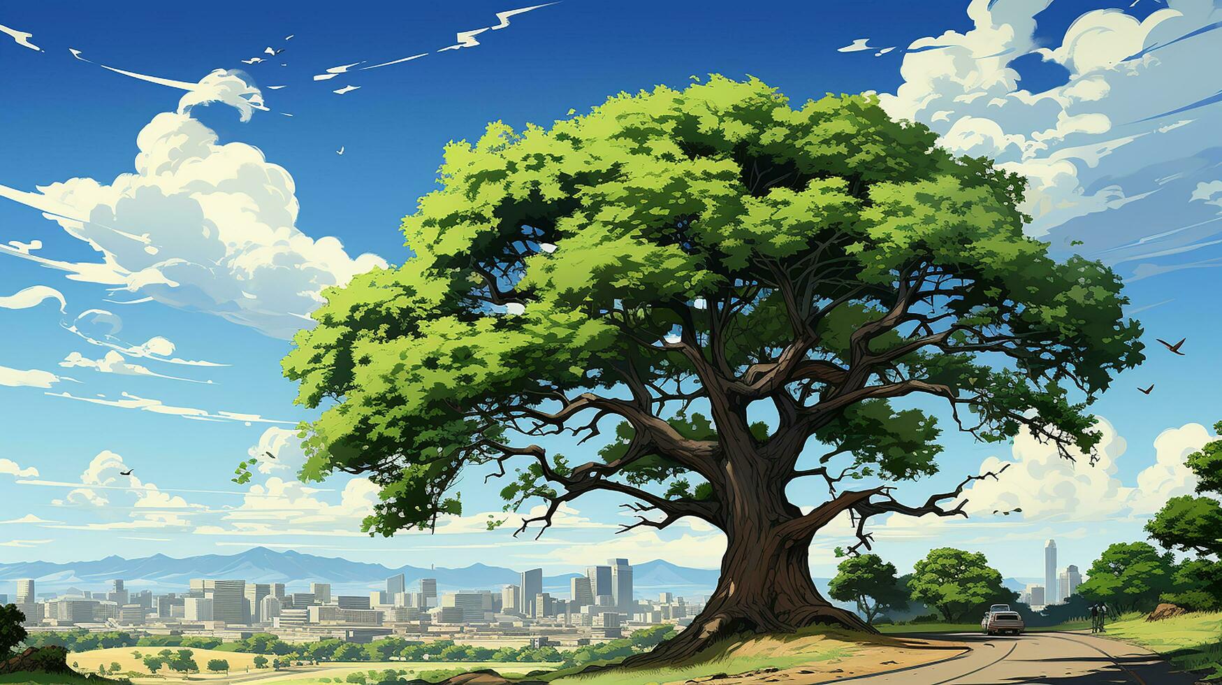 grande árbol en el medio de el escena, con ciudad antecedentes ai generativo foto