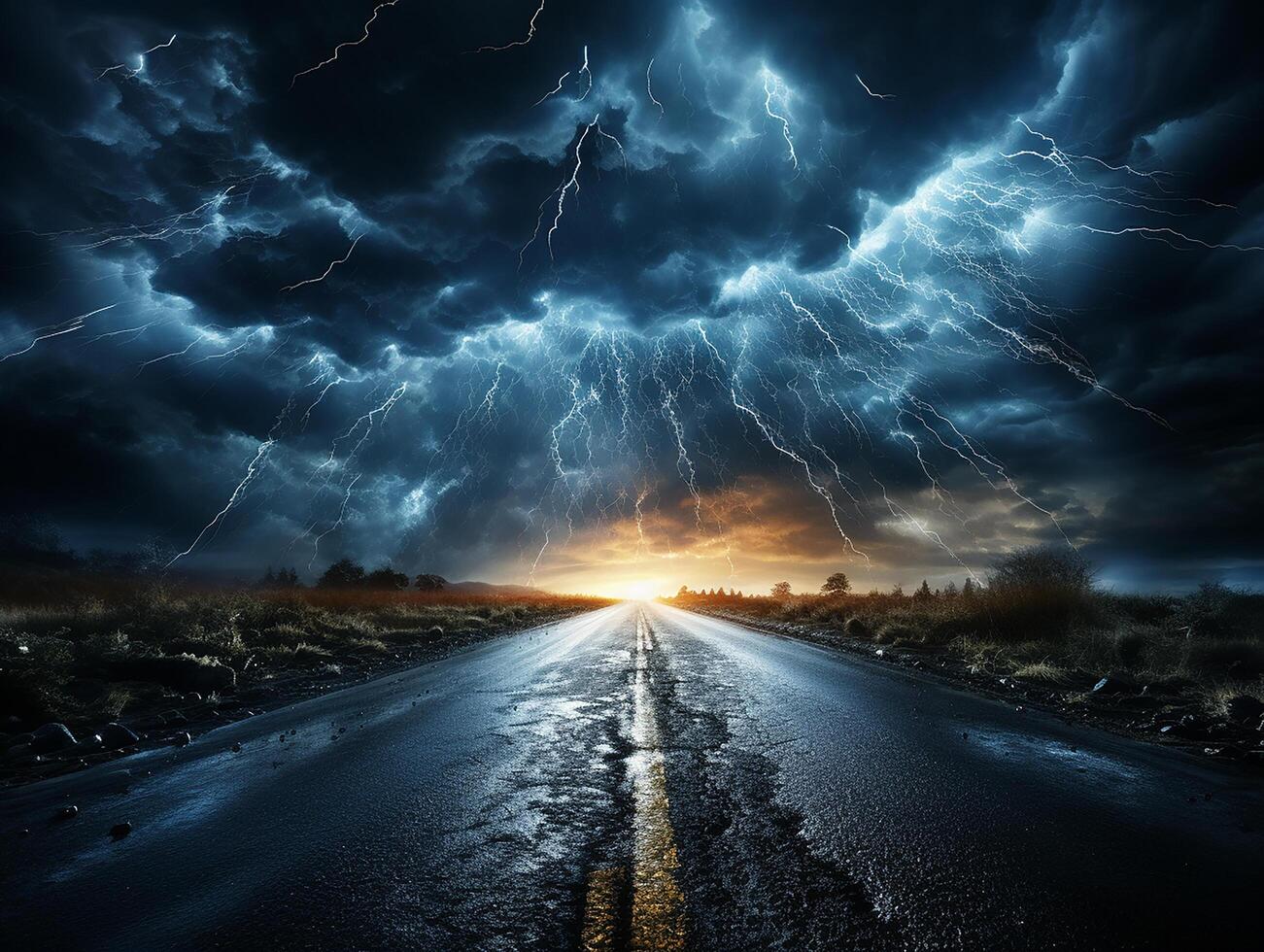 highway road in the night with heavy rain and lightning AI generative photo