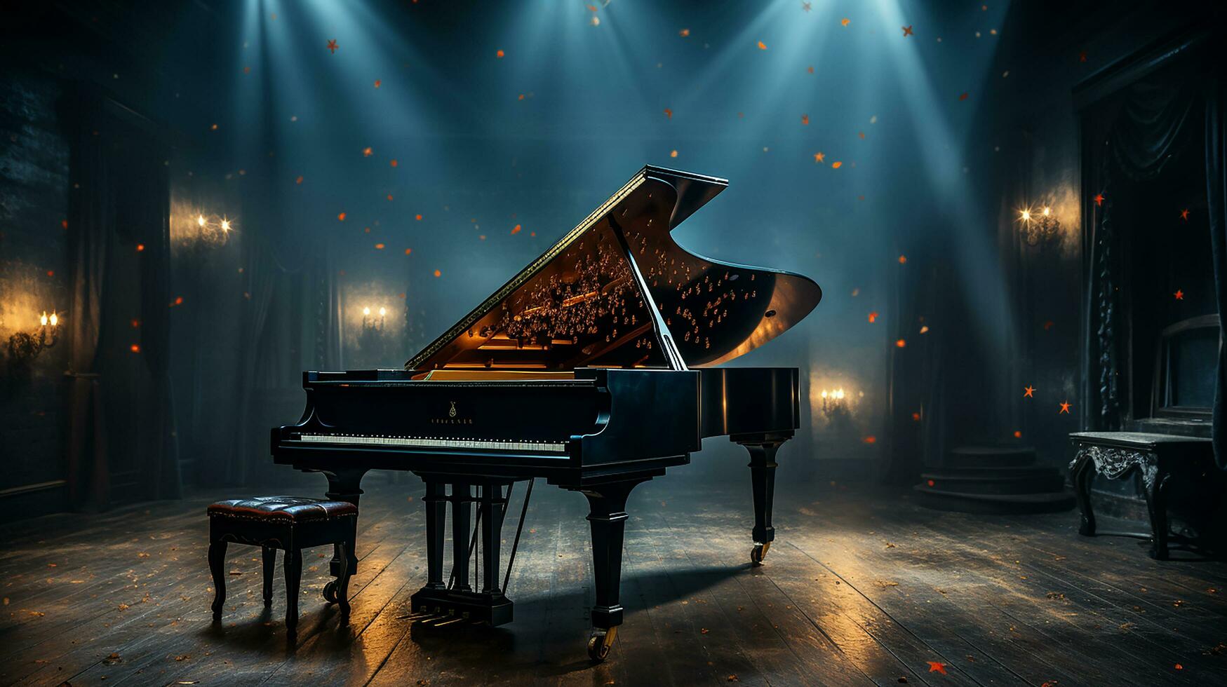 an old grand piano in the middle of dark blank room with god rays light it up AI generate photo