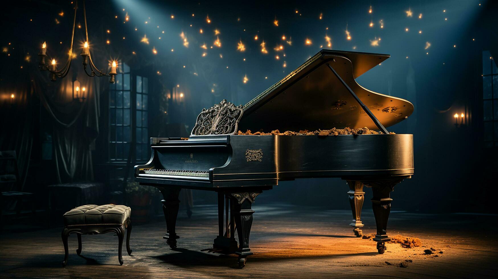 an old grand piano in the middle of dark blank room with god rays light it up AI generate photo