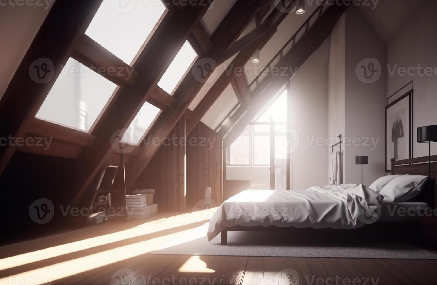 A simple and inviting loft bedroom model. AI Generative. photo