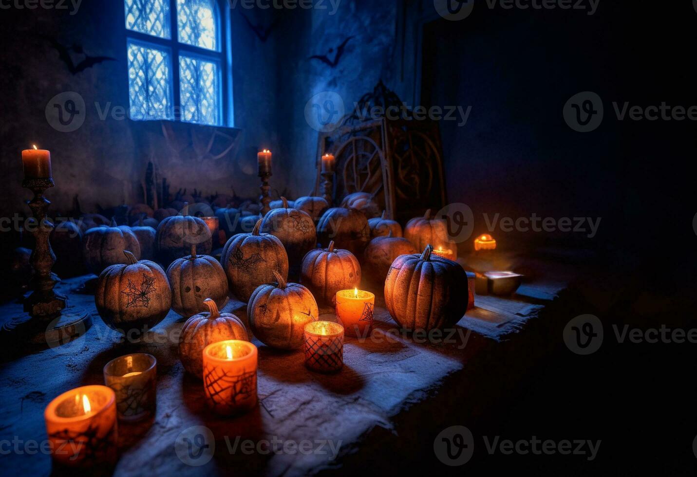 Display of candle lit carved halloween pumpkins in stone room with spider webs and eerie signs lit with blue and red light. Generative AI. photo