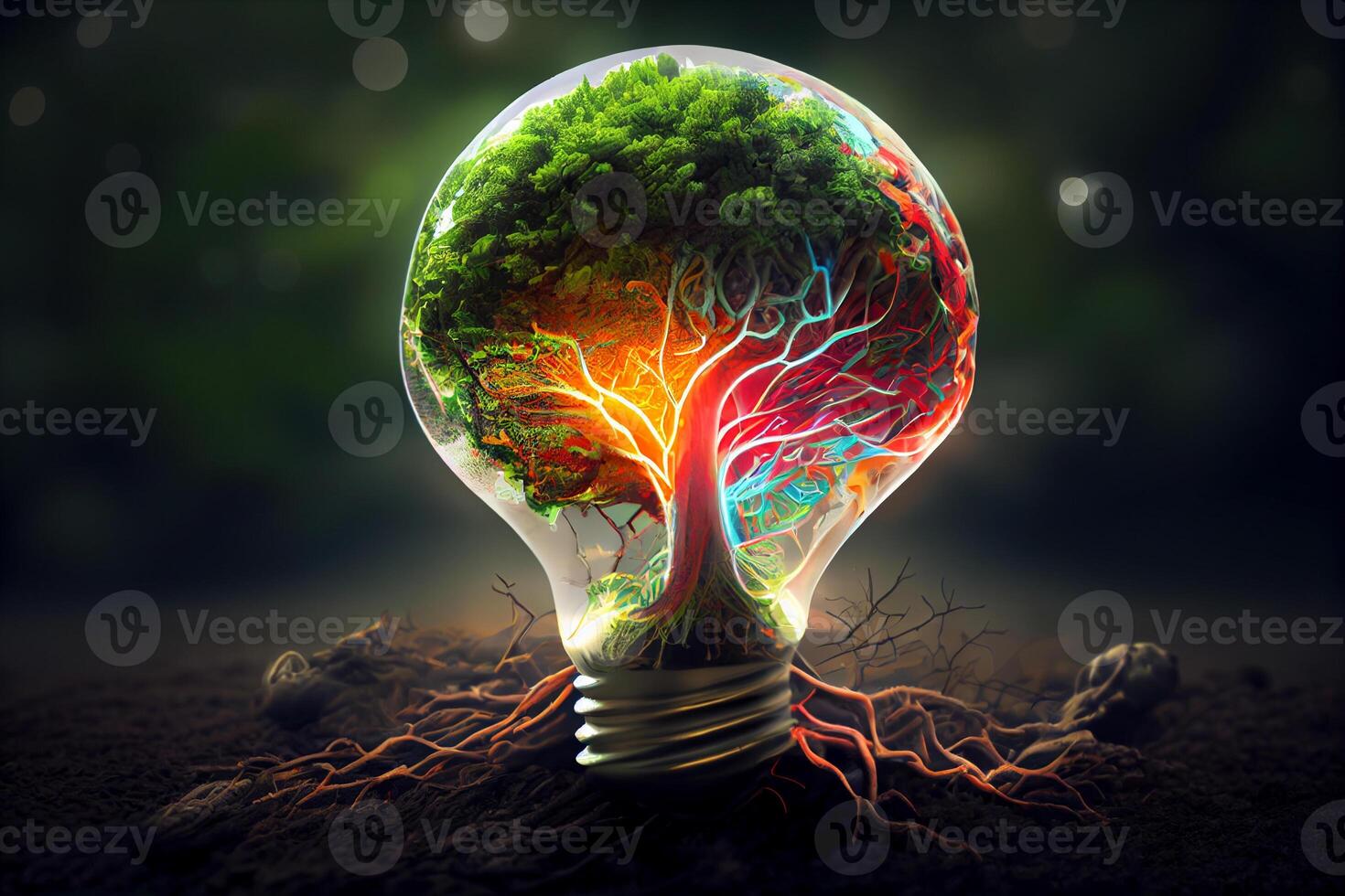 Tree growing in light bulb, sustainable energy saving and earth day environment concept.3D rendering. . photo