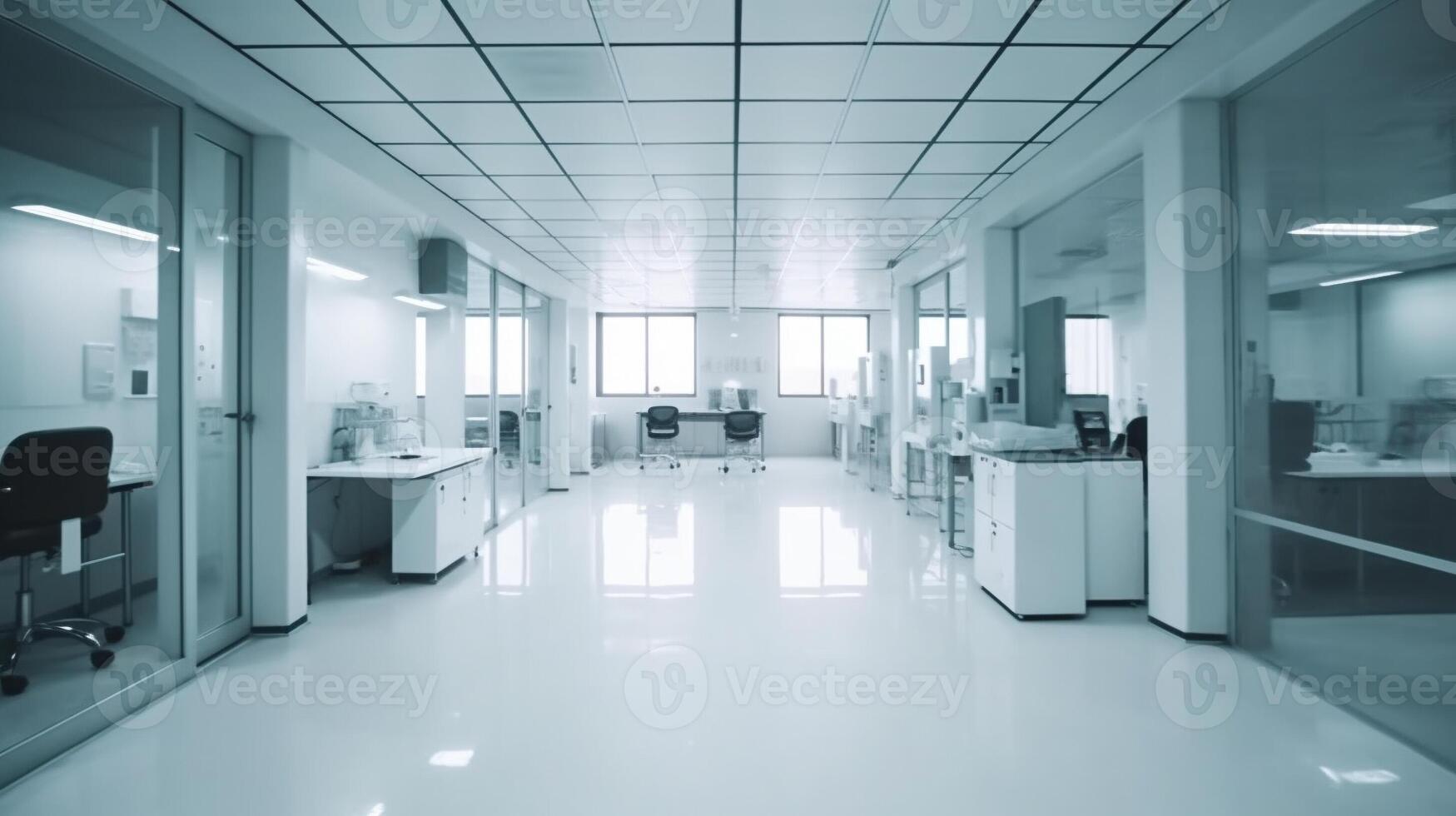 A long corridor in a hospital with various procedural rooms. . photo