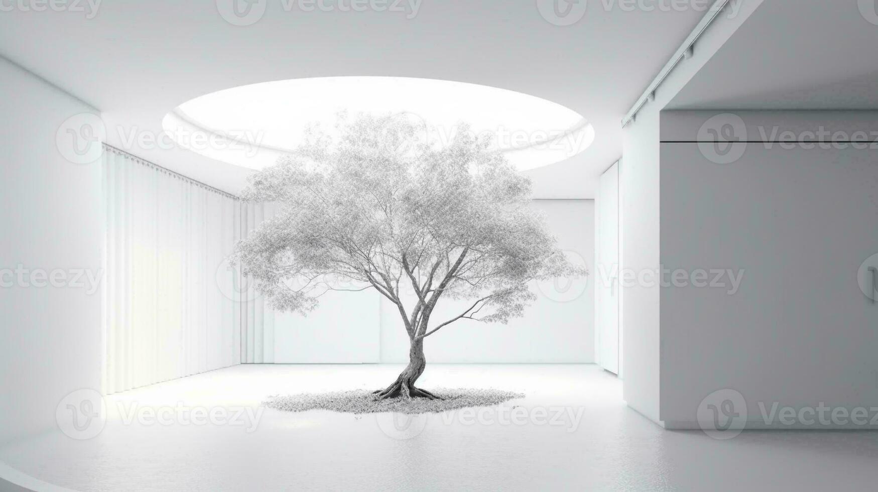 minimal white room with tree in room 3d illustration. Generative AI. photo