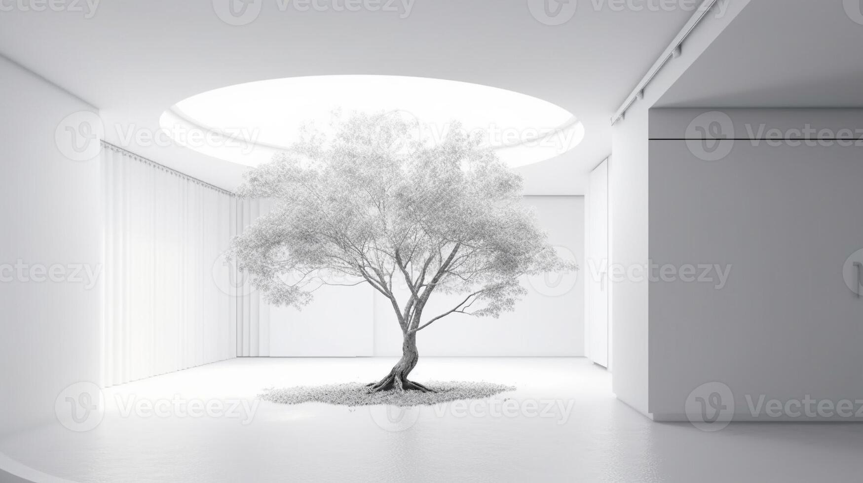 minimal white room with tree in room 3d illustration. . photo
