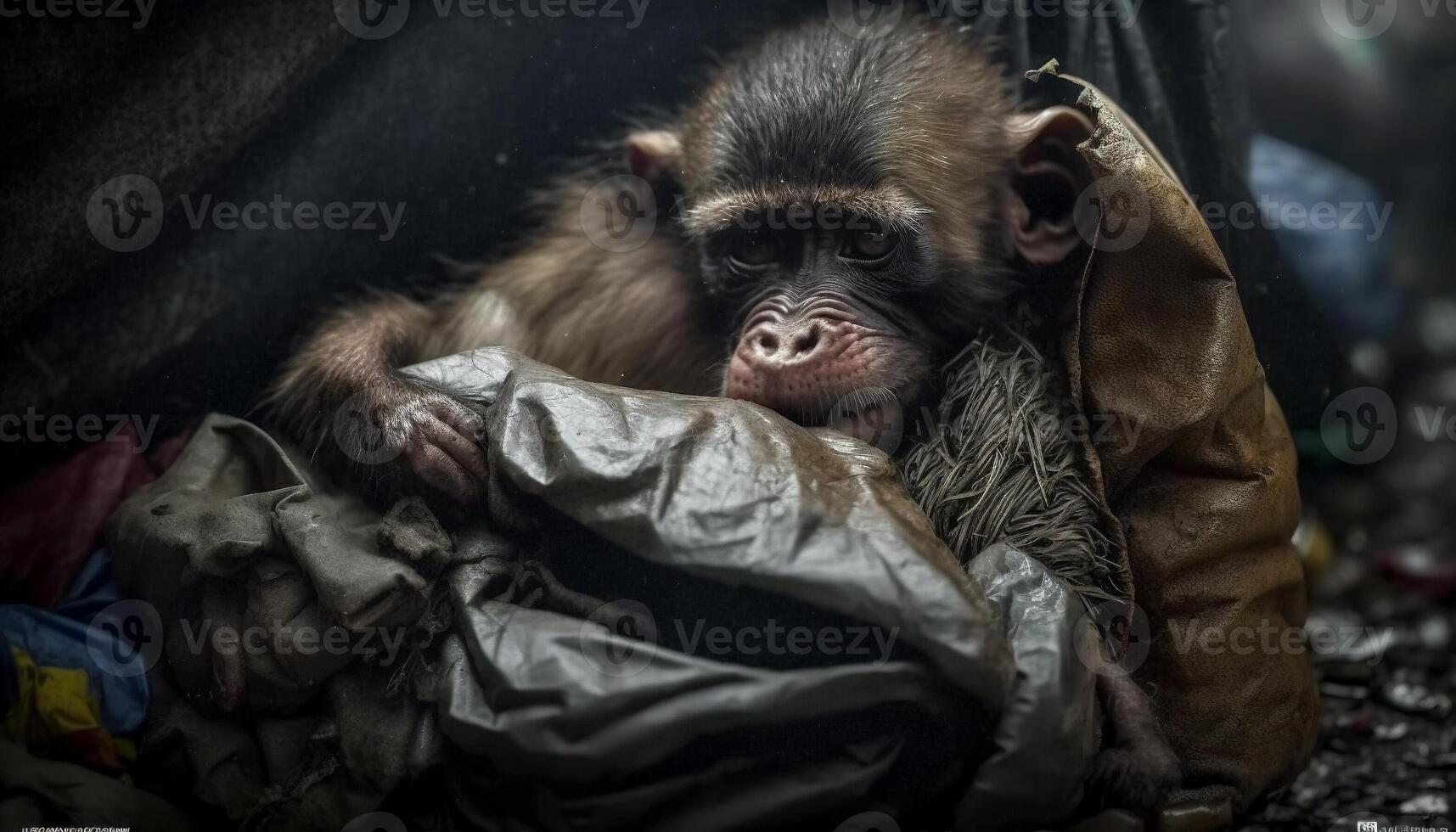 A monkey sleeps among the piles of plastic waste and the rain. concept of saving the world. . photo